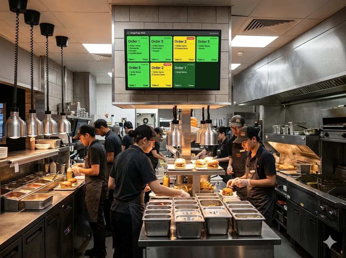 Family at fast food restaurant ordering on phones with shared cart
