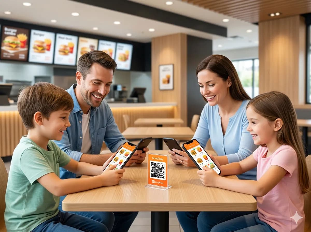 Busy fast food kitchen with wall-mounted KDS showing high-volume order queue