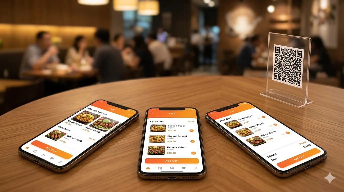 SnapTray shared cart ordering on multiple phones at a restaurant table