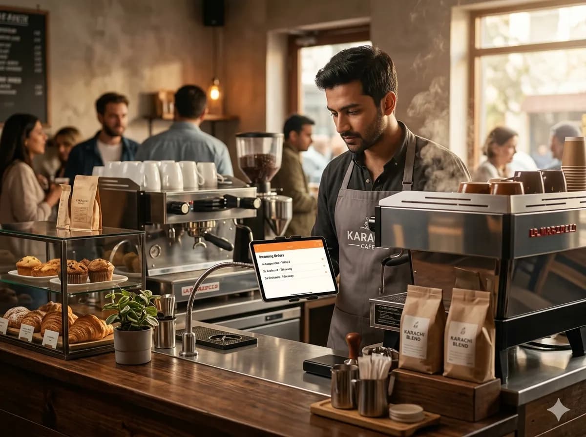 Cafe customer scanning QR code