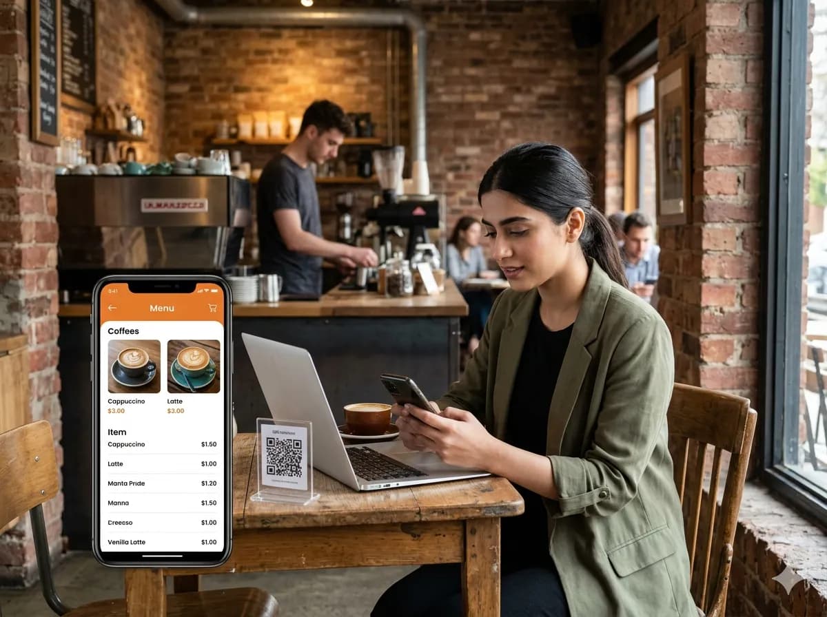 Barista checking tablet