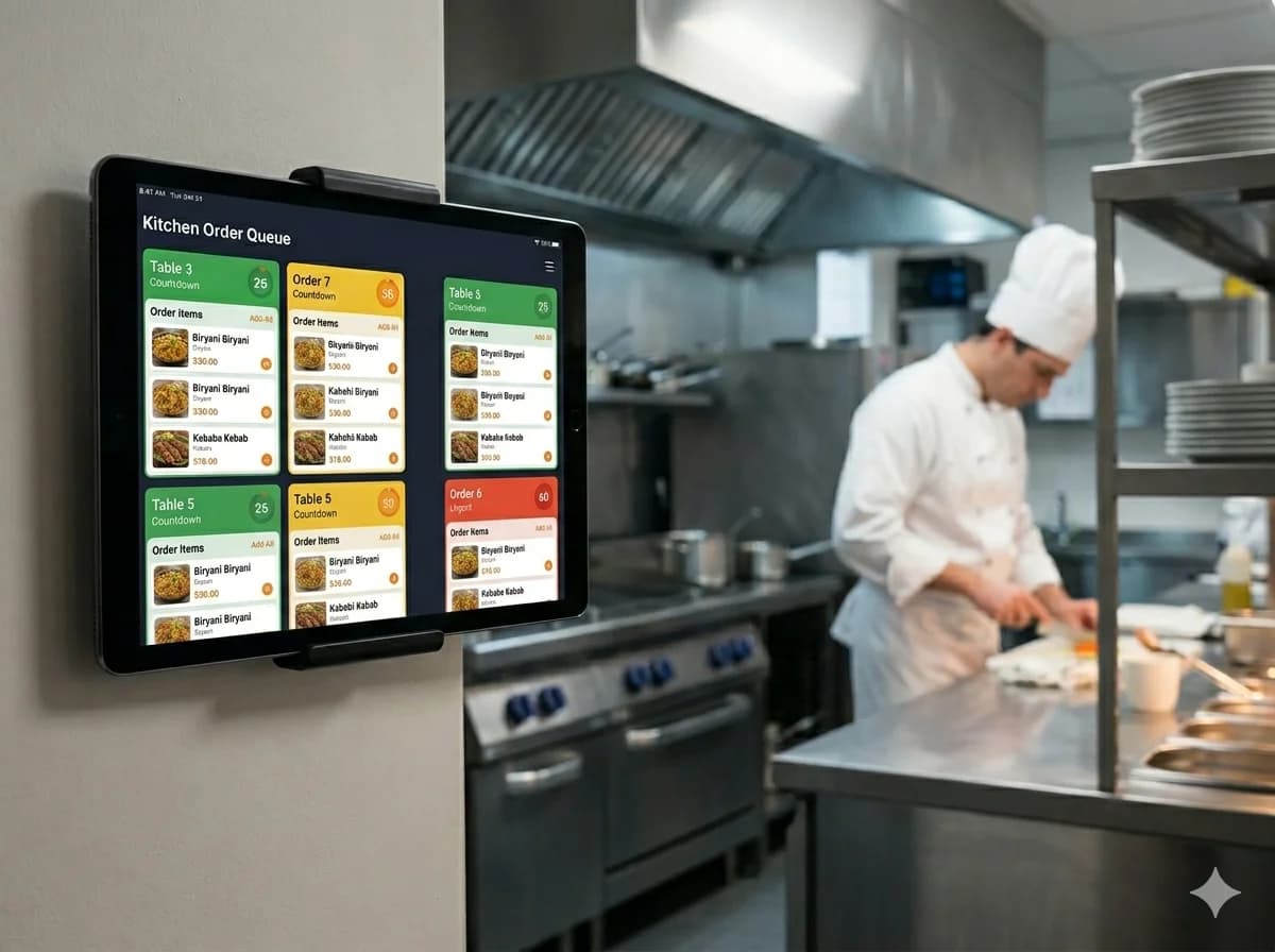 Kitchen display showing incoming orders in real time