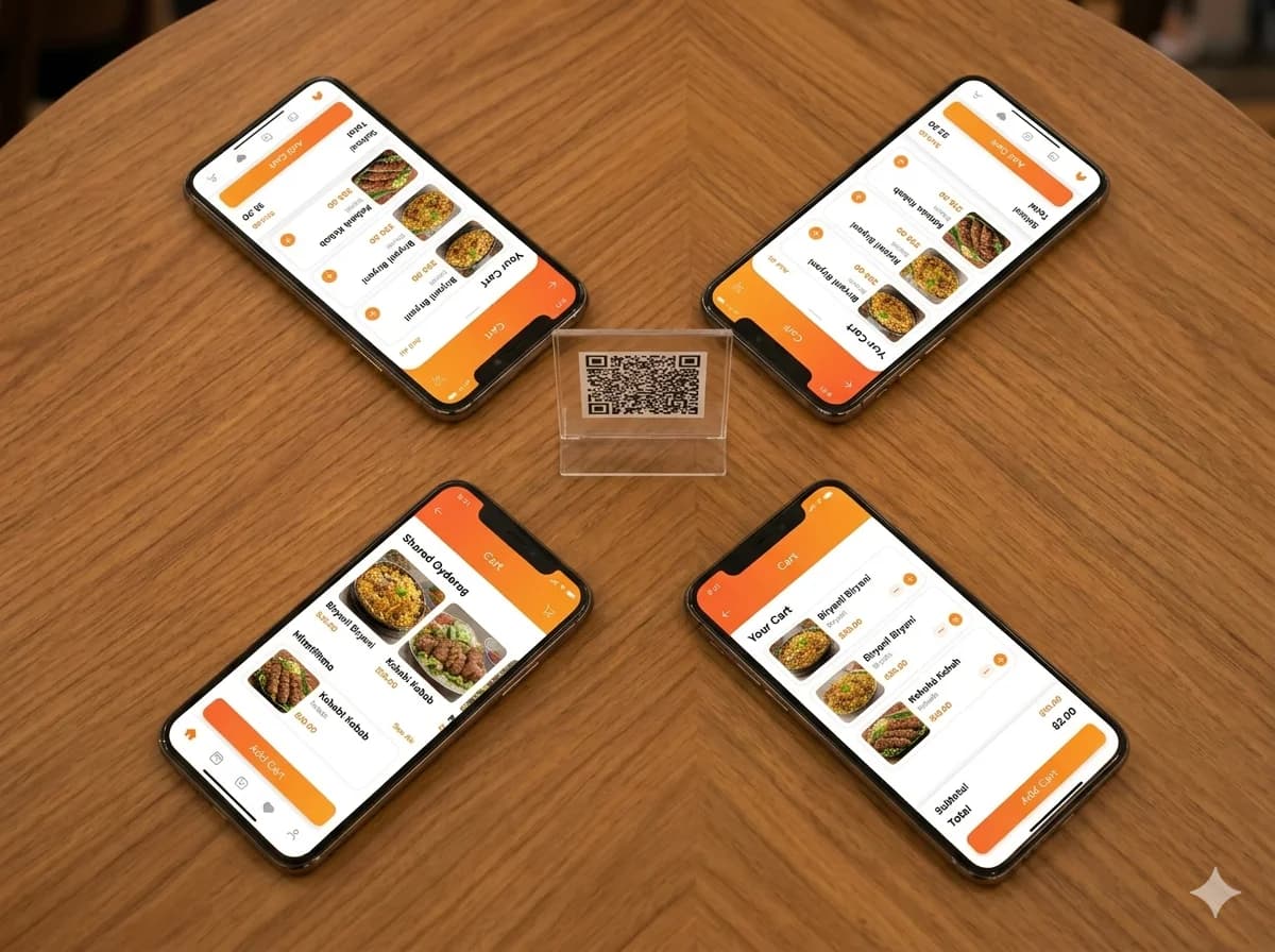 Multiple phones sharing one cart at a restaurant table