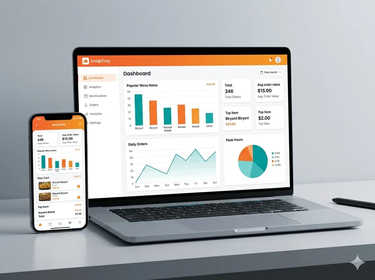 Restaurant analytics dashboard showing top items and peak hours