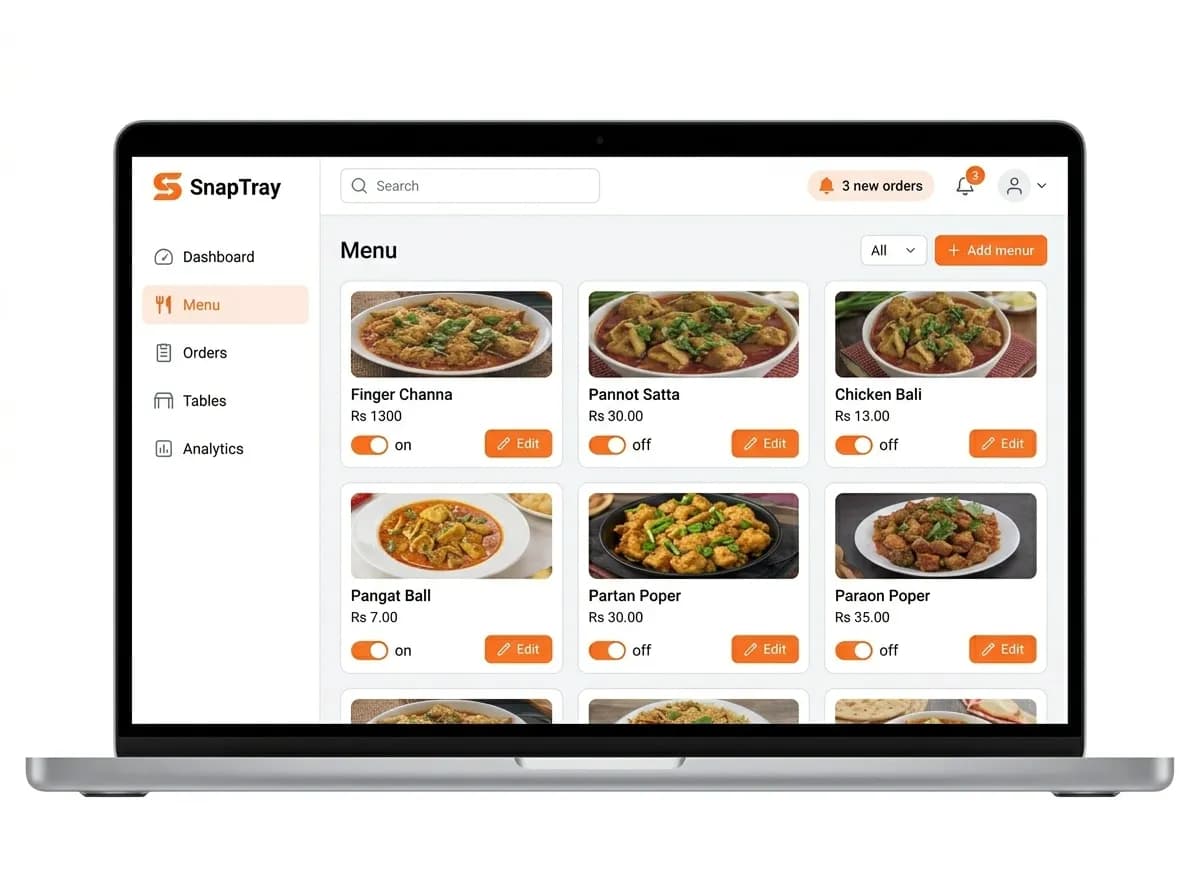 Table management dashboard showing QR codes per table and real-time status