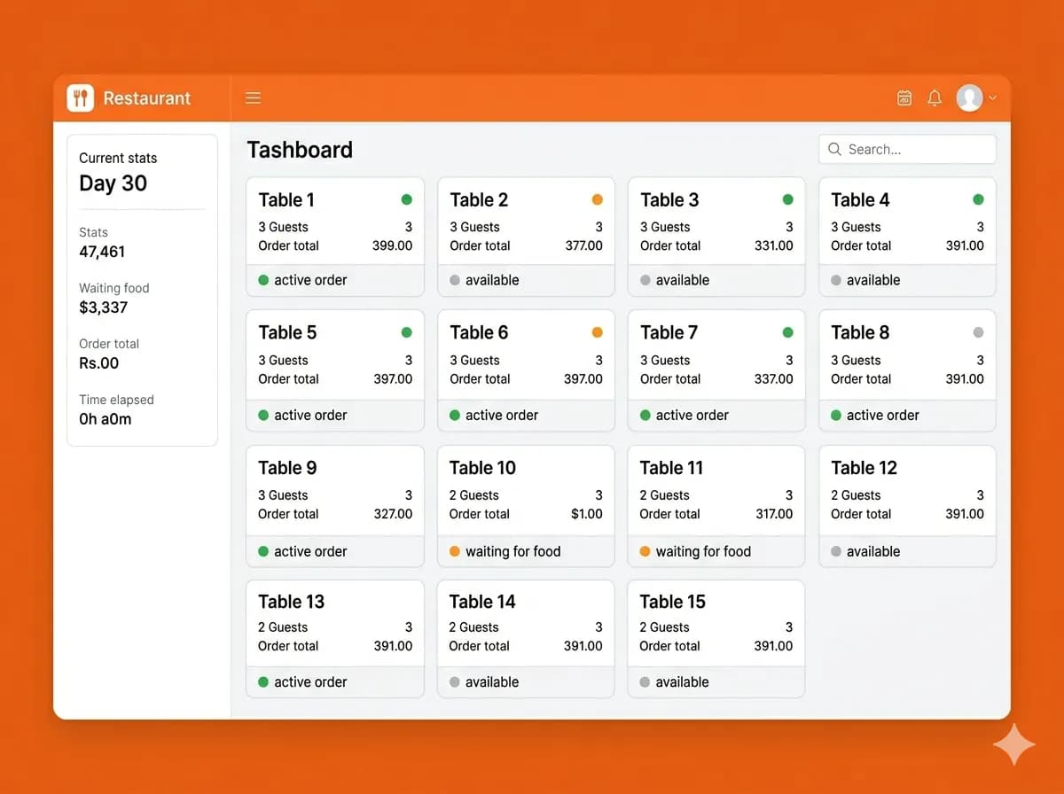 Restaurant admin panel showing live table status and order tracking